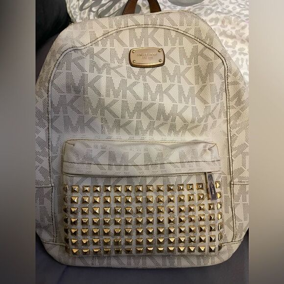 MK michael kors RHEA studded fullsize backpack cream,white tan leather gold guc - Picture 3 of 14